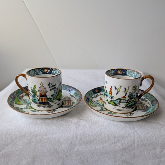Vintage Crown Staffordshire Ye Old Willow Bone China Demitasse Cup & Saucer Sets - Picture 1 of 16